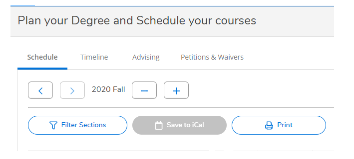 Plan your Degree and Schedule your courses screen with the print button.