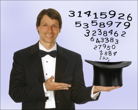 Dr. Arthur Benjamin holding magician hat with numbers coming out of it