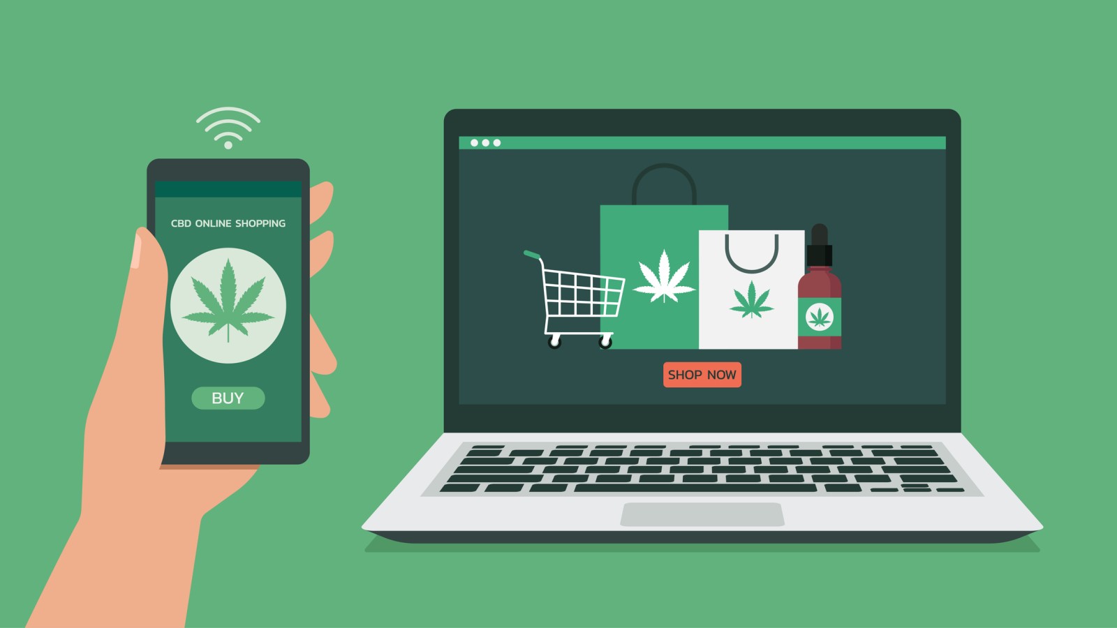 Carton image of a hand holding a phone ordering cannabis from an e-commerce site.