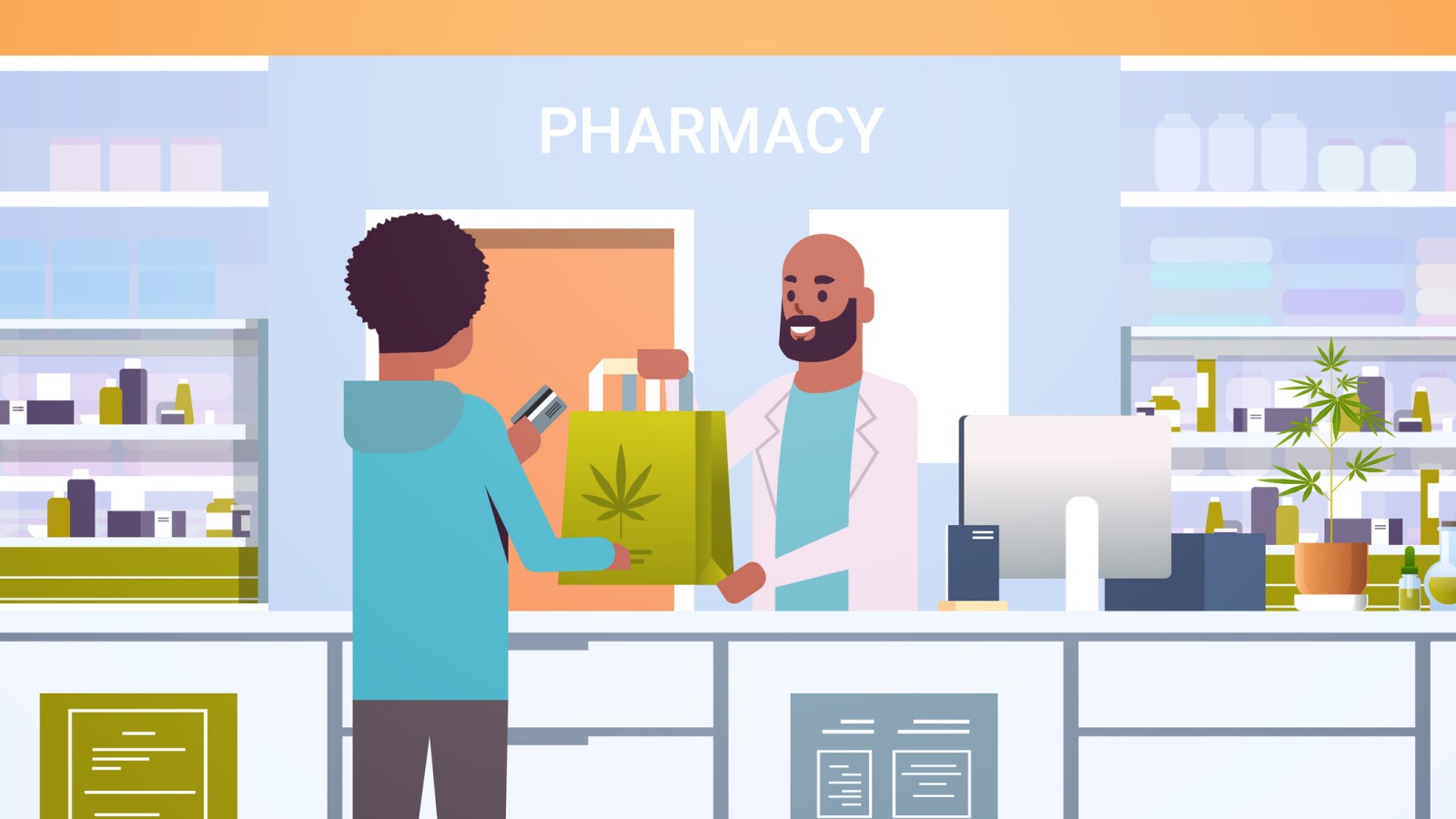 Cartoon image of a pharmacist handing an order to a customer.