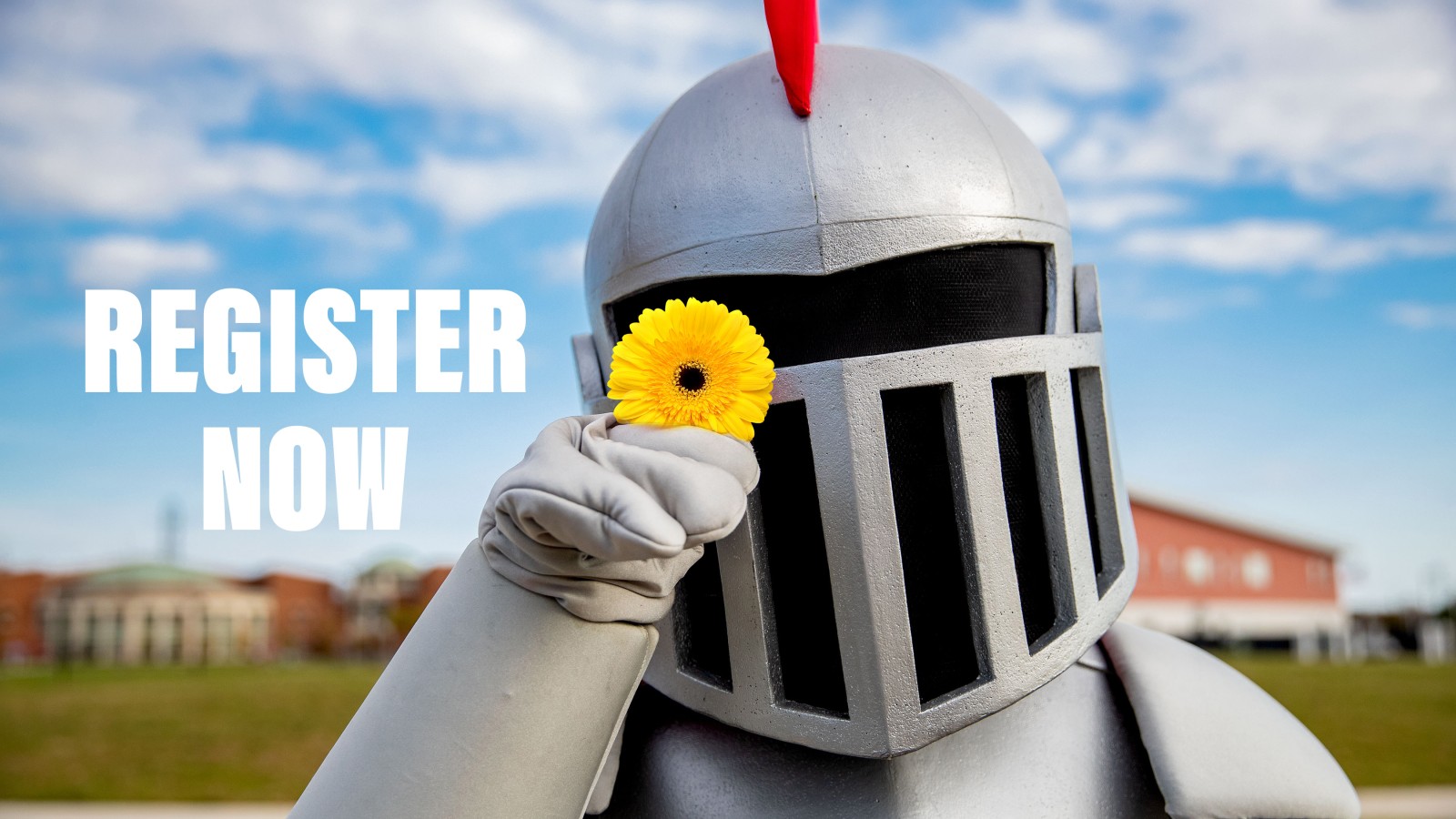 Barry the mascot holding a daisy with text saying register now