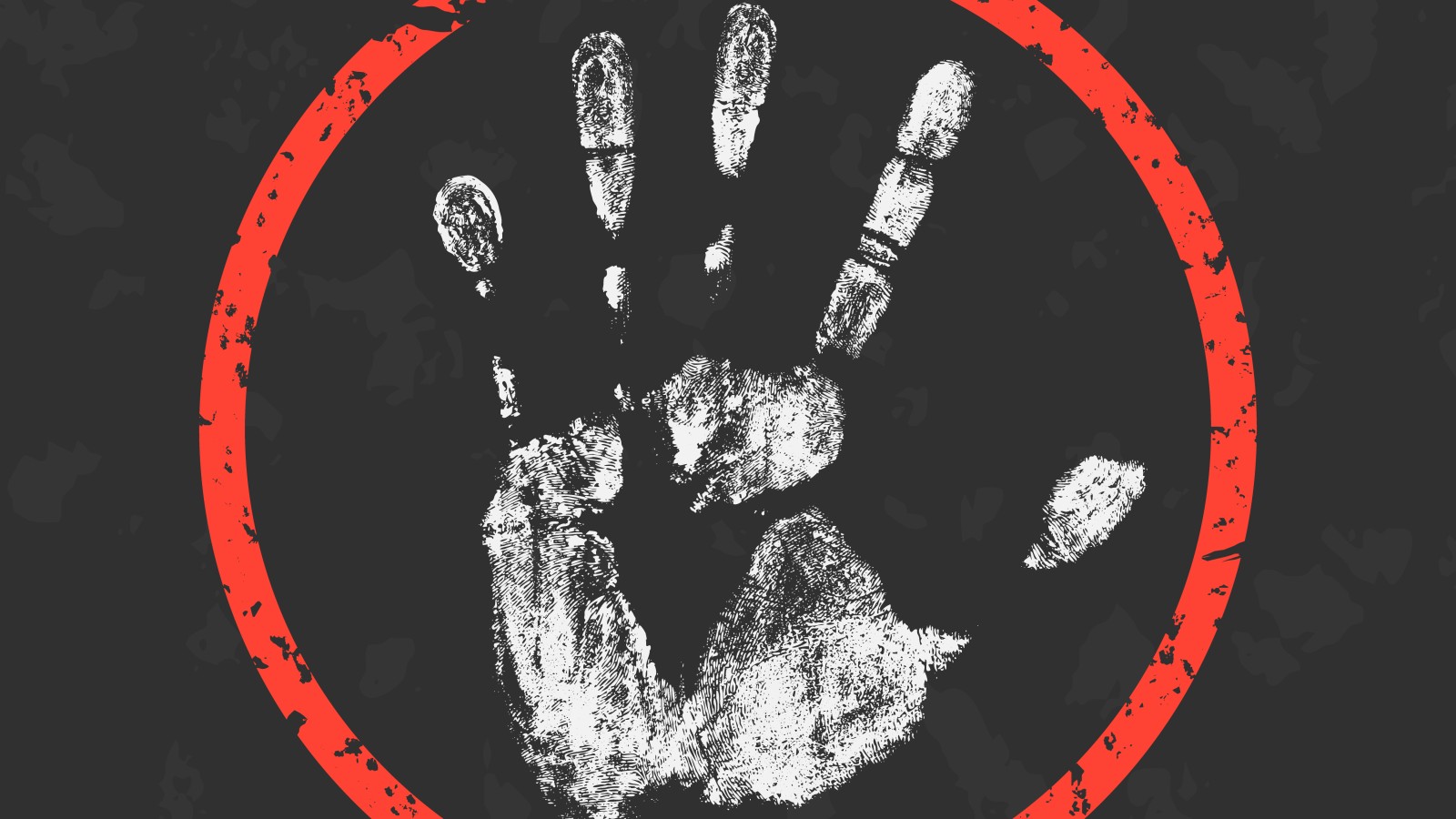 White hand print inside of a red circle on a dark gray background